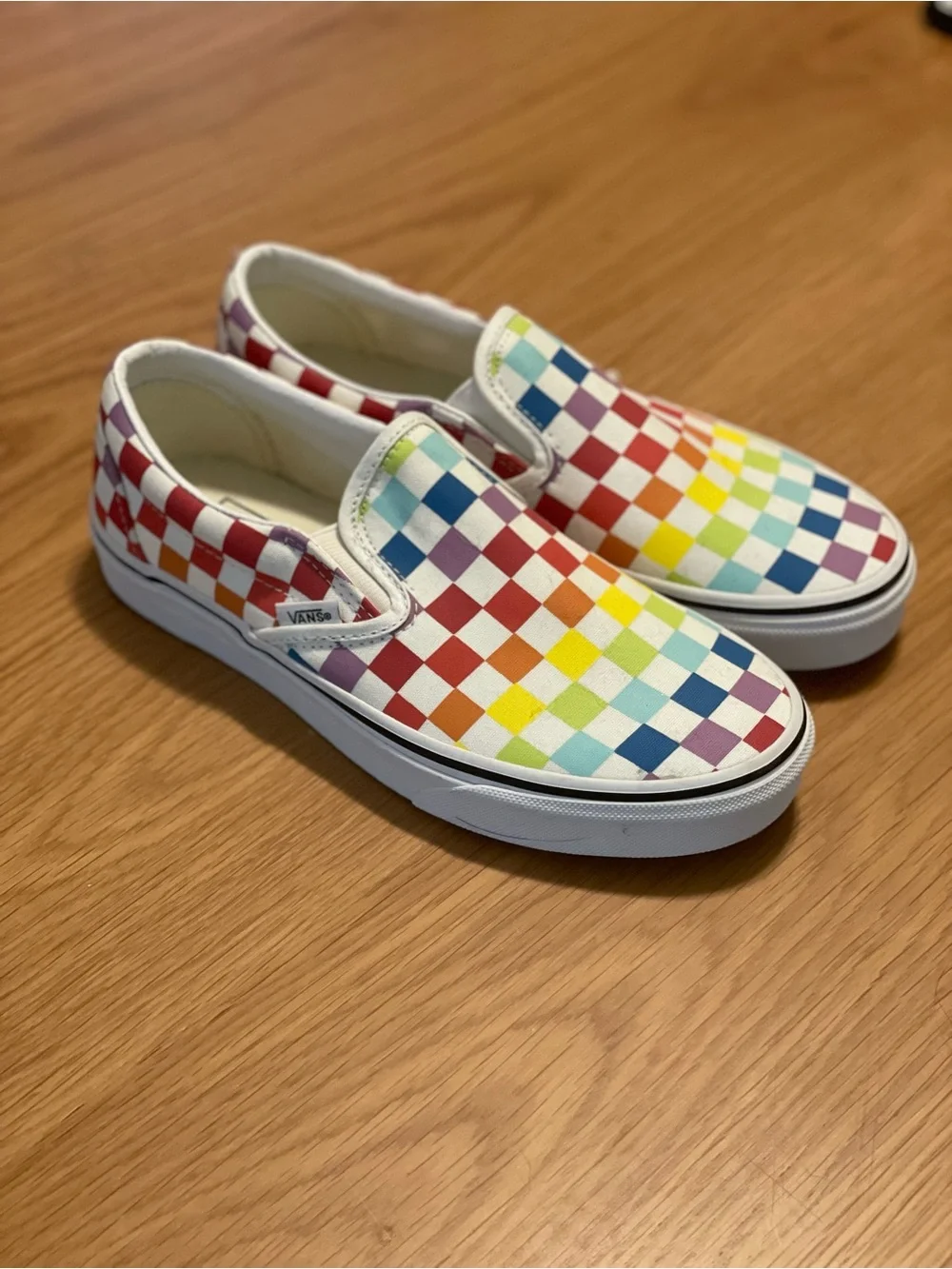 Rainbow Checkerboard Vans - Women’s, classic slip-ons size 7